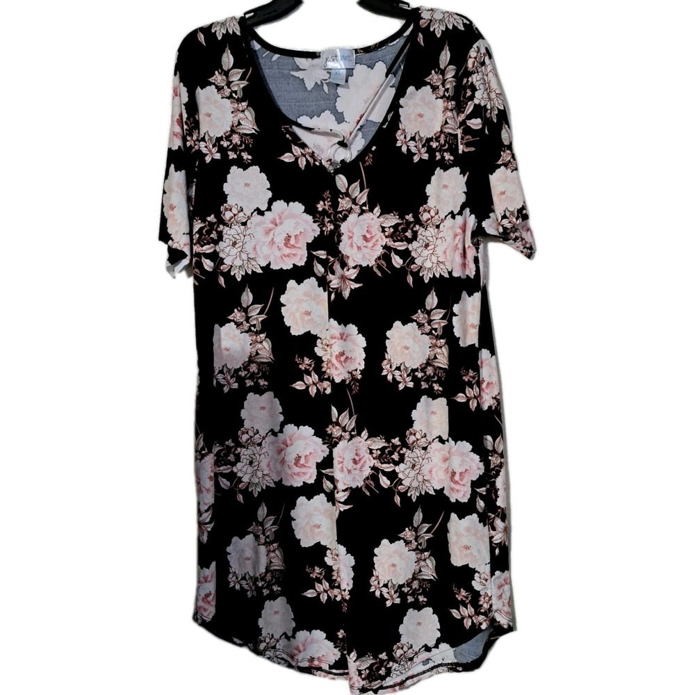 Just Be Womens Dress Xlarge Floral keyhole Short Sleeve black pink